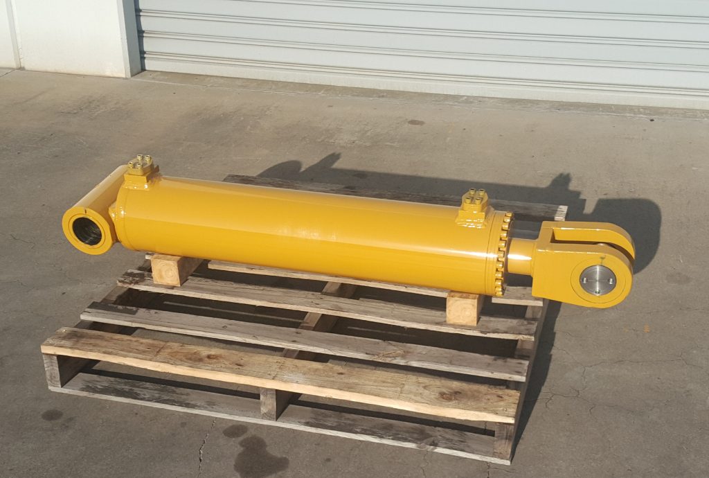 A yellow hydraulic cylinder manufactured by A1 Hydraulic Engineering for a Shear Attachment such as Ironbark OSA attachment BA attachments Liebherr attachmentsBoss Attachments & Ironbark Equipment & OSA & Dymax & AR Equipment many other