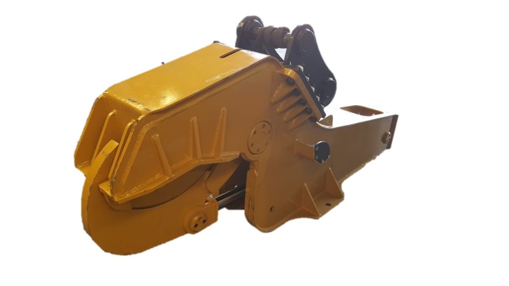 A yellow tree shear attachment with a new manufactured hydraulic cylinder yellow hydraulic cylinders manufactured by A1 Hydraulic Engineering to suit hydraulic tree shear attachments such as Boss Attachments & Ironbark Equipment & OSA & Dymax & AR Equipment many other and also service and repair and reseal hydraulic cylinder for all excavators and other loaders or other earthmoving machines