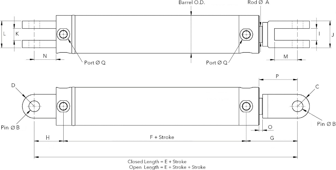 A drawing of a clevis mounted hydraulic cylinder that is similar to qnm or pte or norden or alford hydraulic cylinders because it is off-the-shelf know also as Ag cylinder or light to medium duty double acting hydraulic cylinders available for sales at A1 Hydraulic Engineering