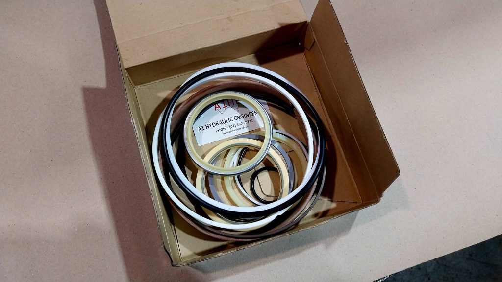 box of mixed Hydraulic cylinder seals reseal resealing for heavy equipment earthmoving mining quarries.